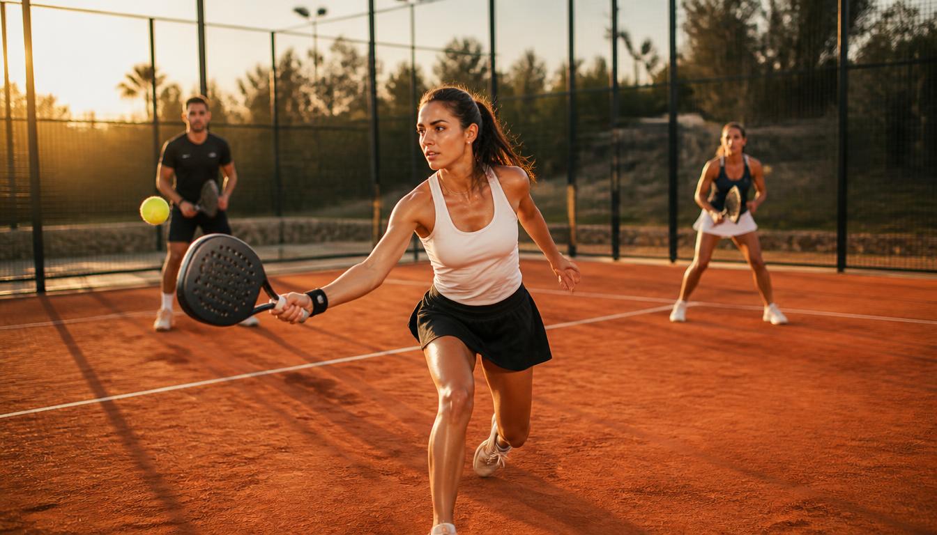 Players competing on a terracotta padel court